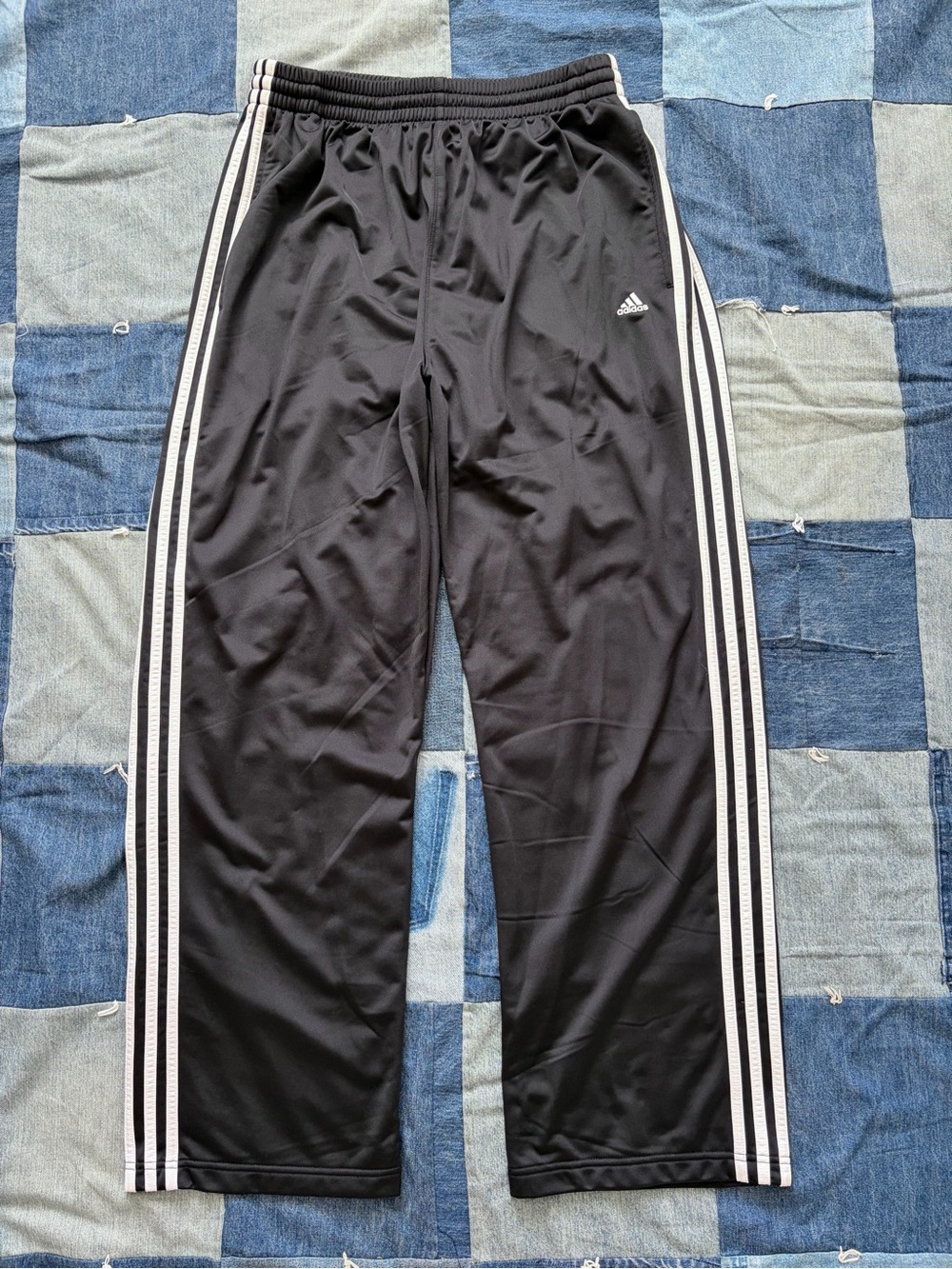 y2k vtg Adidas Mens Track Pants Black 3 Stripe XL Sweatpants baggy wide leg